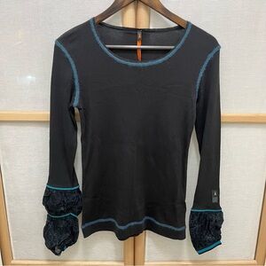 Cop Copine Black Rib Long Sleeve Puff Cuff Thermal Top Size 2